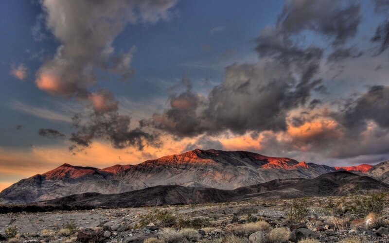 Mountain Range at Sunset — Orange, Dramatic, Photograph, Clouds, Desert, Sky