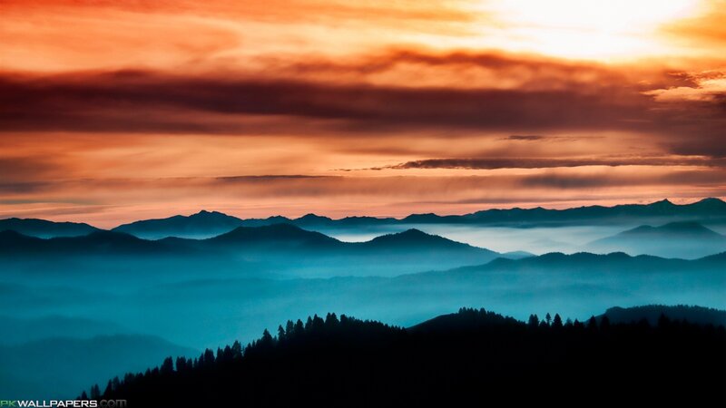 Mountain Range at Sunset — Orange, Dramatic, Photograph, Clouds, Fog