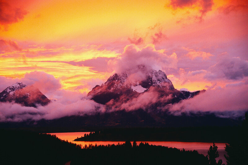 Mountain Range at Sunset — Orange, Dramatic, Photograph, Clouds, Lake