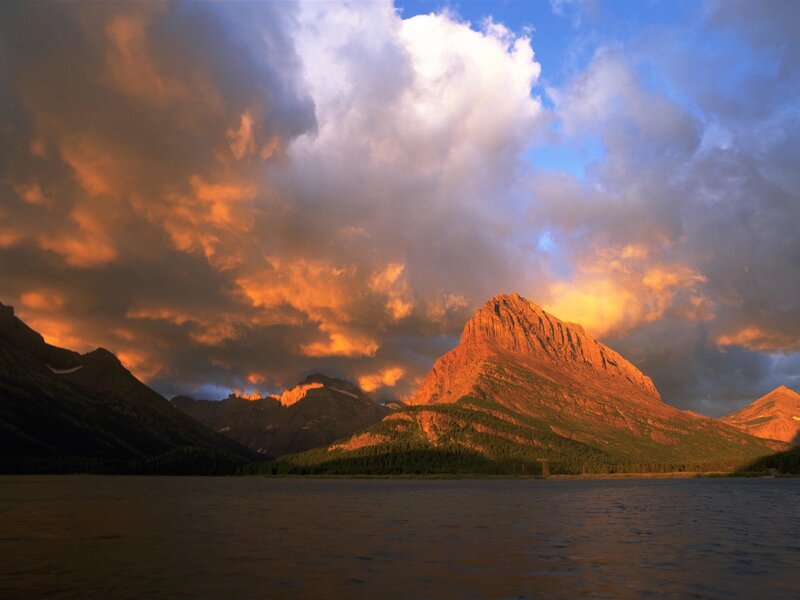 Mountain Range at Sunset — Orange, Dramatic, Photograph, Clouds, Lake, Trees, Blue