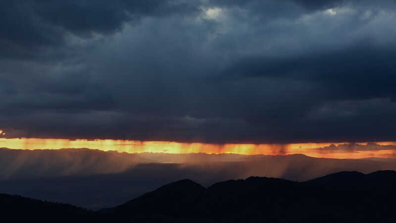 Mountain Range at Sunset — Orange, Dramatic, Photograph, Clouds, Rain