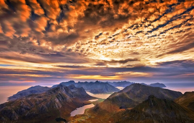 Mountain Range at Sunset — Orange, Dramatic, Photograph, Clouds, Sea