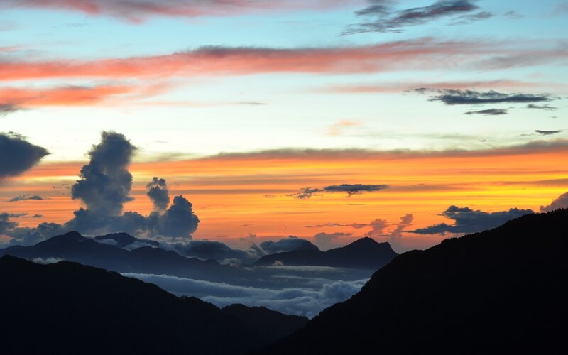 Mountain Range at Sunset — Orange, Dramatic, Photograph, Clouds, Sky, Mountains