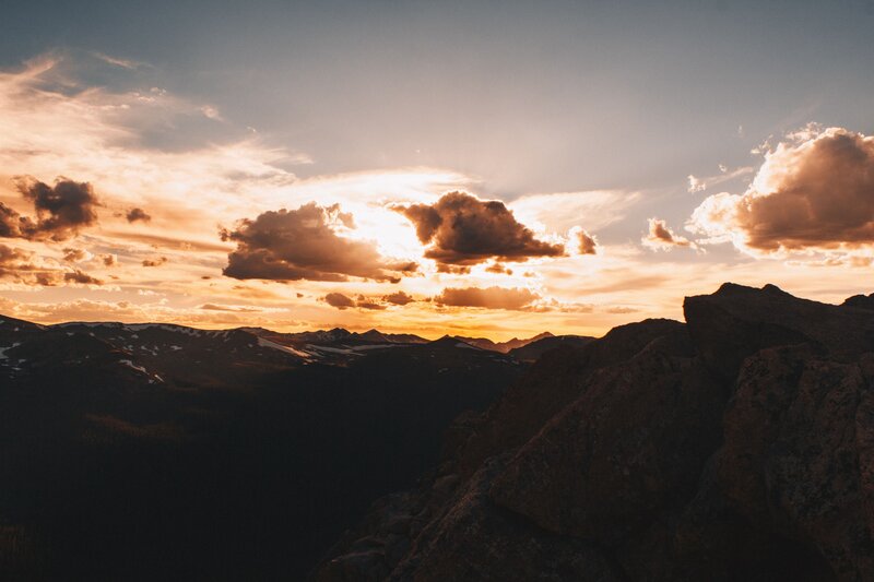 Mountain Range at Sunset — Orange, Dramatic, Photograph, Clouds, Sky, Rocks