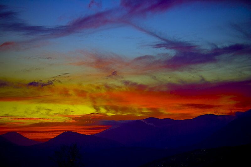 Mountain Range at Sunset — Orange, Dramatic, Photograph, Clouds, Sky, Silhouette