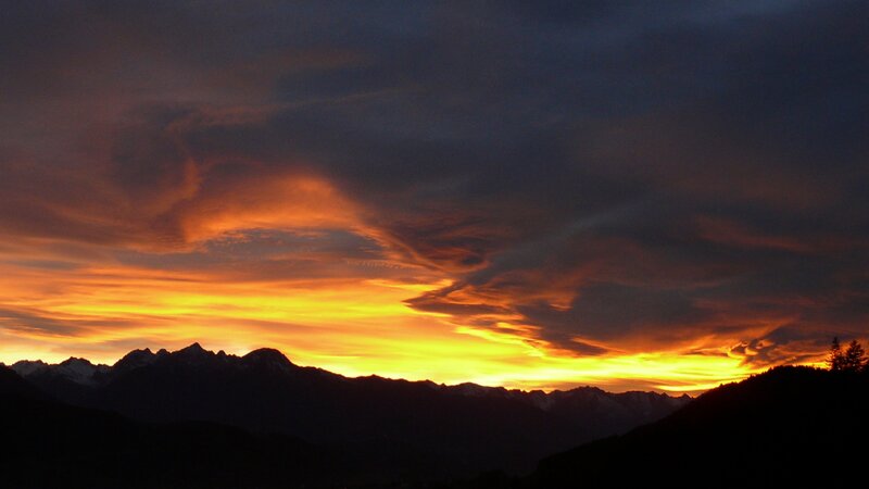 Mountain Range at Sunset — Orange, Dramatic, Photograph, Clouds, Sky, Trees