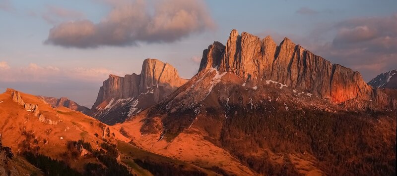 Mountain Range at Sunset — Orange, Dramatic, Photograph, Clouds, Snow