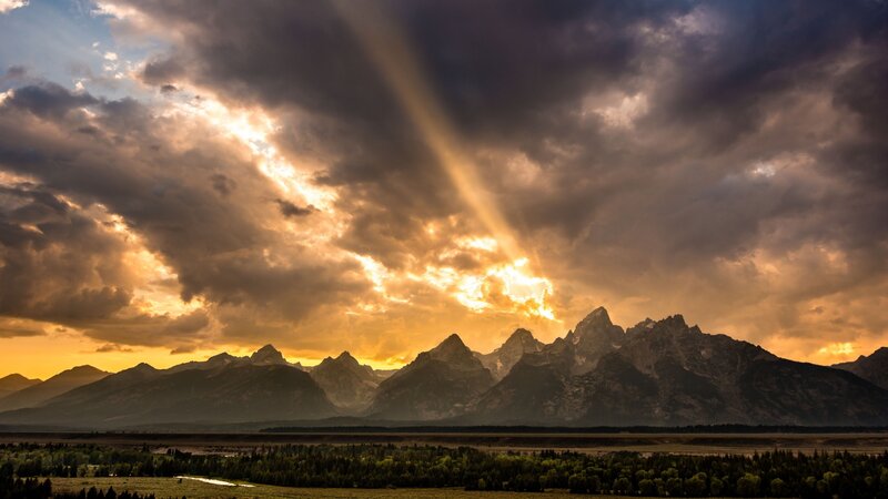 Mountain Range at Sunset — Orange, Dramatic, Photograph, Clouds, Sunlight