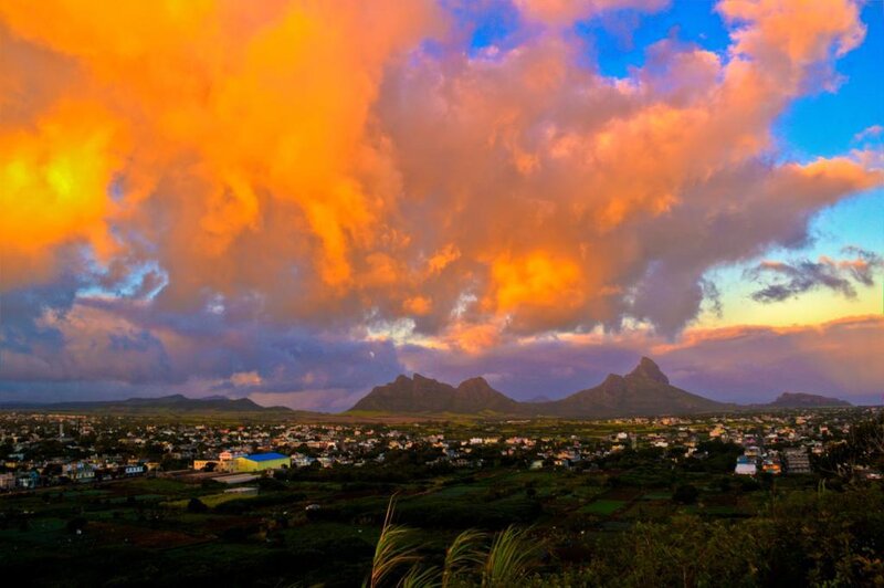 Mountain Range at Sunset — Orange, Dramatic, Photograph, Clouds, Town