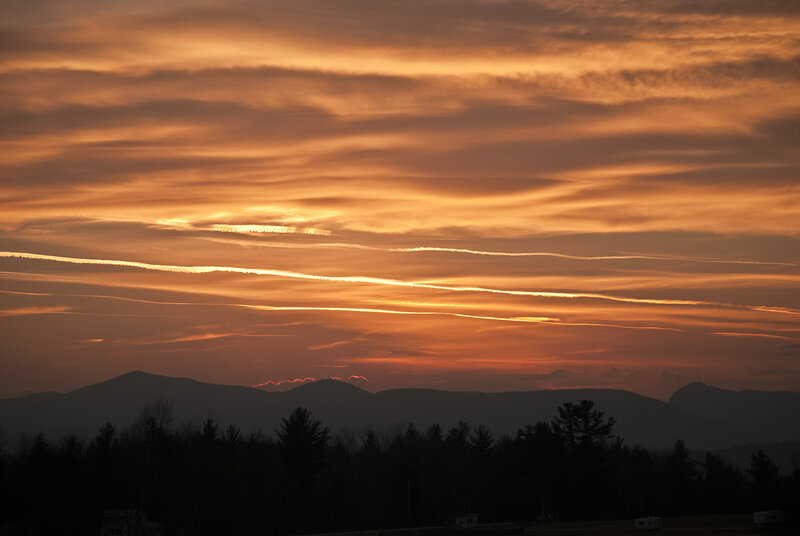 Mountain Range at Sunset — Orange, Dramatic, Photograph, Clouds, Trees, Sky