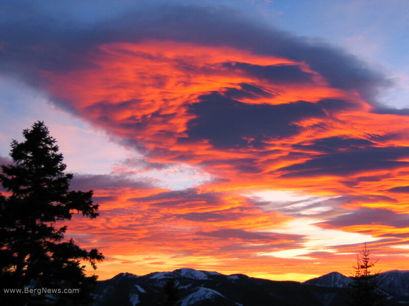 Mountain Range at Sunset — Orange, Dramatic, Photograph, Clouds, Trees