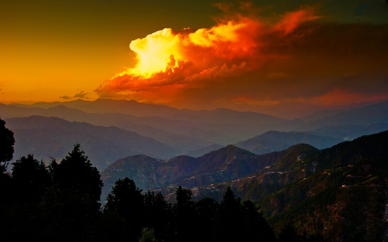 Mountain Range at Sunset — Orange, Dramatic, Photograph, Clouds, Trees, Valley