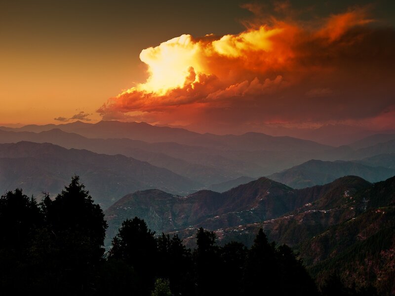 Mountain Range at Sunset — Orange, Dramatic, Photograph, Clouds, Trees, Villages, Red