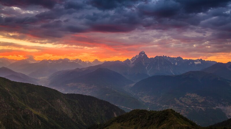 Mountain Range at Sunset — Orange, Dramatic, Photograph, Clouds, Valley, Snow