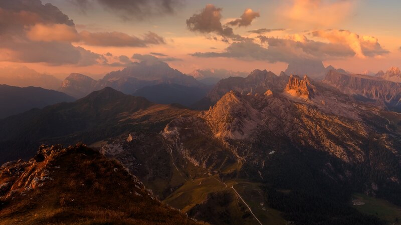 Mountain Range at Sunset — Orange, Dramatic, Photograph, Clouds, Valley
