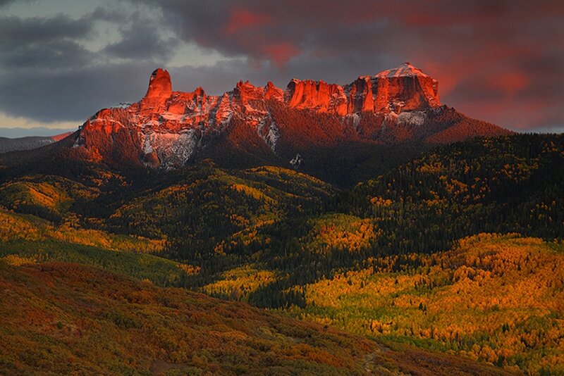 Mountain Range at Sunset — Orange, Dramatic, Photograph, Forest, Clouds, Snow