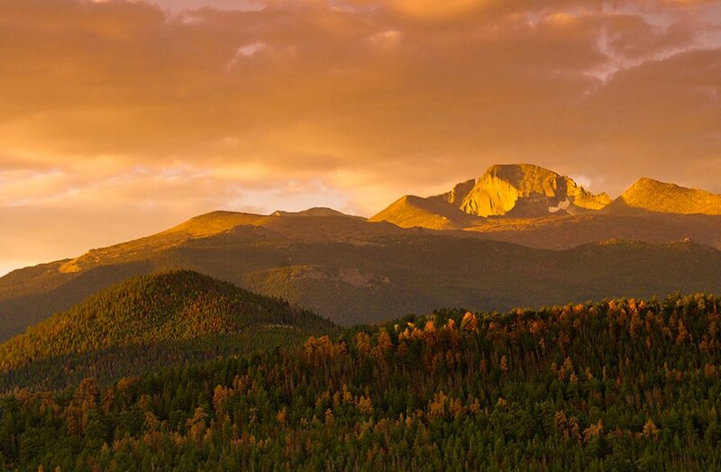 Mountain Range at Sunset — Orange, Dramatic, Photograph, Forest, Clouds