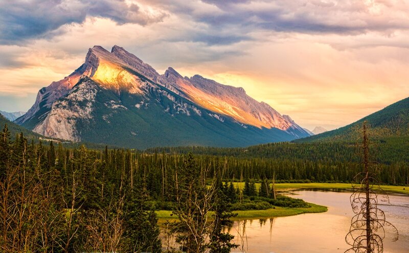 Mountain Range at Sunset — Orange, Dramatic, Photograph, Forest, River