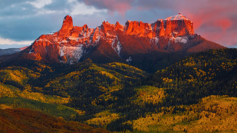 Mountain Range at Sunset — Orange, Dramatic, Photograph, Forest, Snow