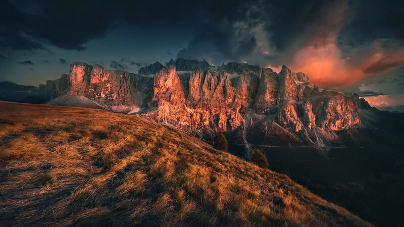 Mountain Range at Sunset — Orange, Dramatic, Photograph, Grass