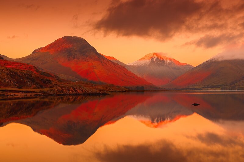 Mountain Range at Sunset — Orange, Dramatic, Photograph, Lake, Clouds