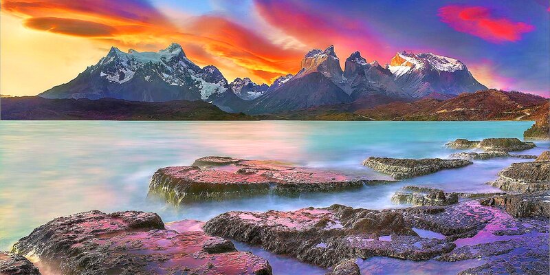 Mountain Range at Sunset — Orange, Dramatic, Photograph, Lake, Rocks