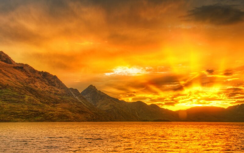 Mountain Range at Sunset — Orange, Dramatic, Photograph, Lake, Sky