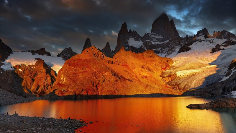 Mountain Range at Sunset — Orange, Dramatic, Photograph, Lake, Snow