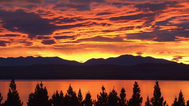 Mountain Range at Sunset — Orange, Dramatic, Photograph, Lake, Trees