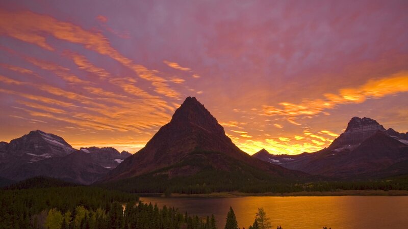 Mountain Range at Sunset — Orange, Dramatic, Photograph, Mountains, Lake, Forest