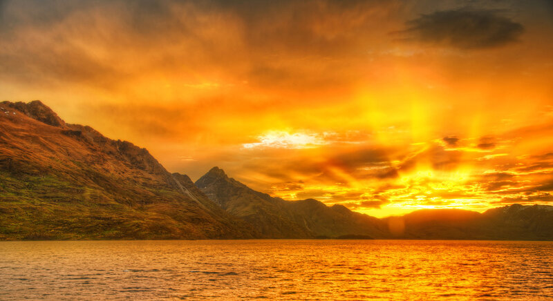 Mountain Range at Sunset — Orange, Dramatic, Photograph, Mountains, Lake, Sky