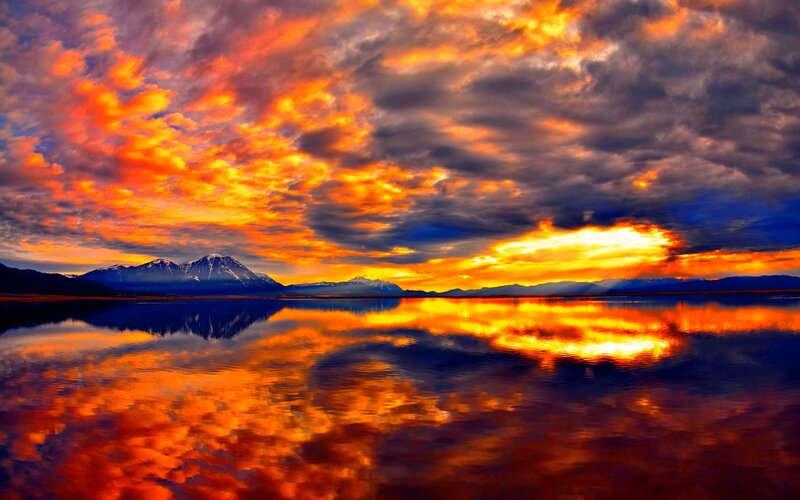 Mountain Range at Sunset — Orange, Dramatic, Photograph, Mountains, Lake