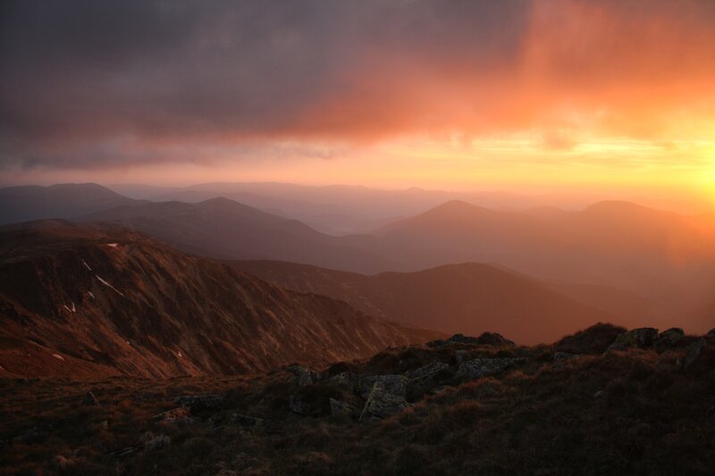 Mountain Range at Sunset — Orange, Dramatic, Photograph, Mountains, Sky, Clouds