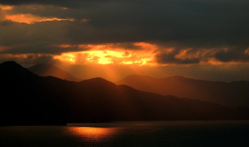 Mountain Range at Sunset — Orange, Dramatic, Photograph, Mountains, Sky, Water