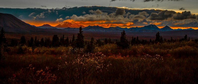 Mountain Range at Sunset — Orange, Dramatic, Photograph, Mountains, Trees