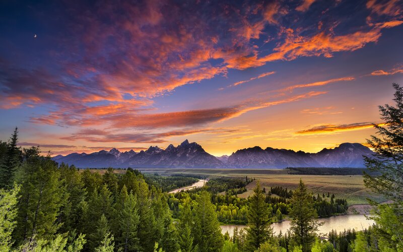 Mountain Range at Sunset — Orange, Dramatic, Photograph, River, Forest, Clouds, Moon