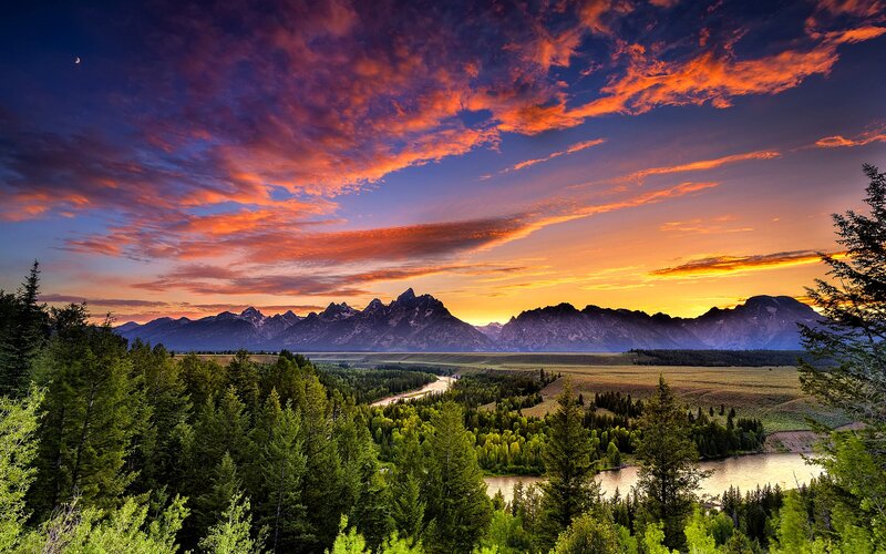 Mountain Range at Sunset — Orange, Dramatic, Photograph, River, Forest, Clouds