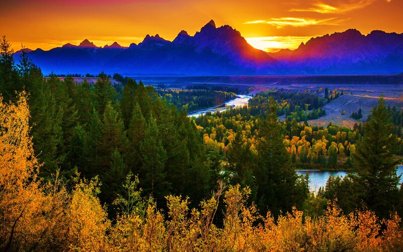 Mountain Range at Sunset — Orange, Dramatic, Photograph, River, Forest, Sky