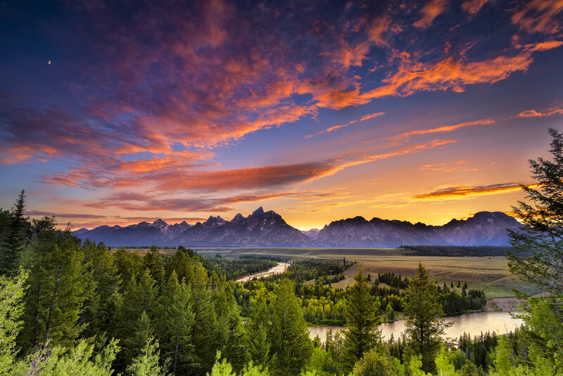 Mountain Range at Sunset — Orange, Dramatic, Photograph, River, Forest