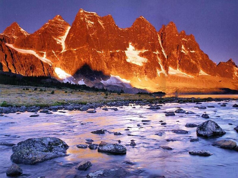 Mountain Range at Sunset — Orange, Dramatic, Photograph, River, Rocks