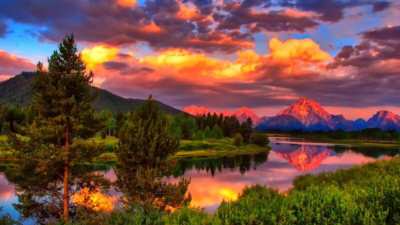 Mountain Range at Sunset — Orange, Dramatic, Photograph, River, Trees, Clouds