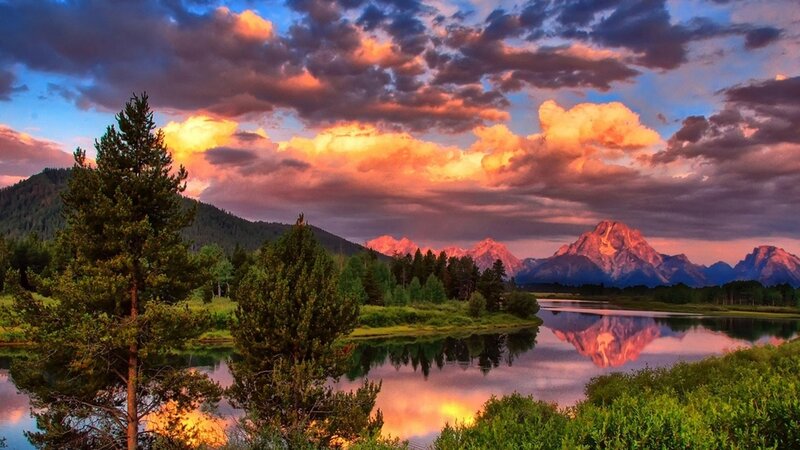 Mountain Range at Sunset — Orange, Dramatic, Photograph, River, Trees