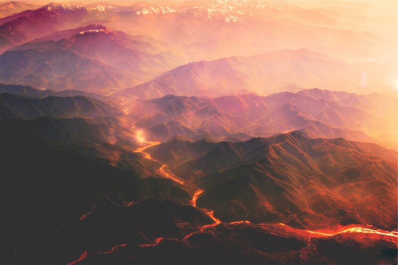 Mountain Range at Sunset — Orange, Dramatic, Photograph, River, Valley