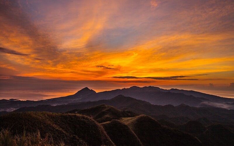 Mountain Range at Sunset — Orange, Dramatic, Photograph, Sky, Clouds, Hills, Purple