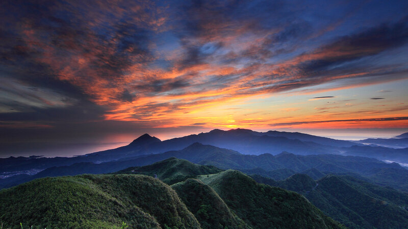 Mountain Range at Sunset — Orange, Dramatic, Photograph, Sky, Clouds, Hills
