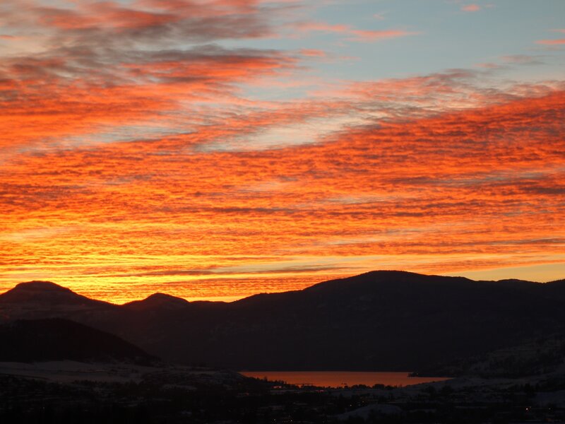 Mountain Range at Sunset — Orange, Dramatic, Photograph, Sky, Clouds, Lake