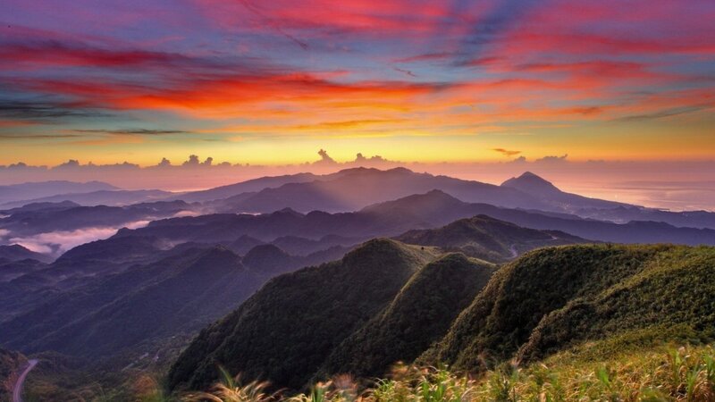 Mountain Range at Sunset — Orange, Dramatic, Photograph, Sky, Clouds, Valley
