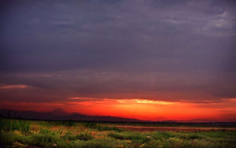 Mountain Range at Sunset — Orange, Dramatic, Photograph, Sky, Grass, Mountains