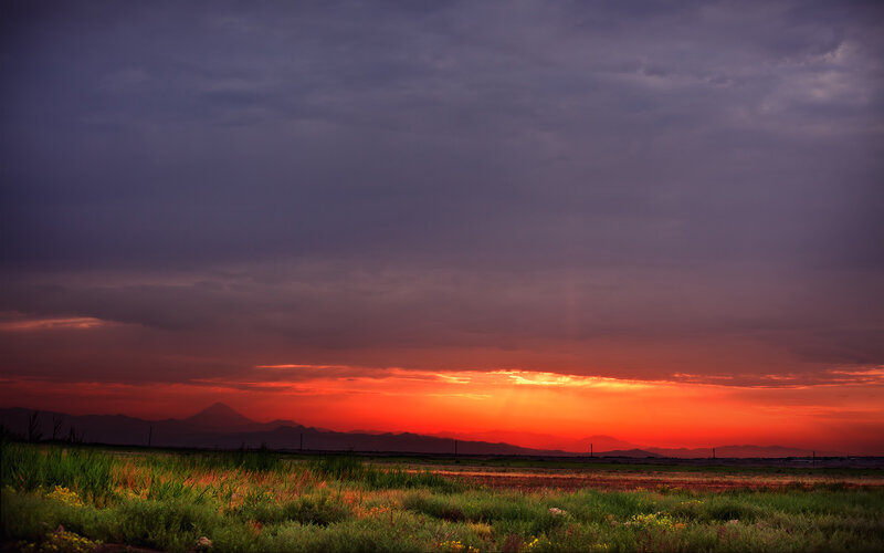 Mountain Range at Sunset — Orange, Dramatic, Photograph, Sky, Grass