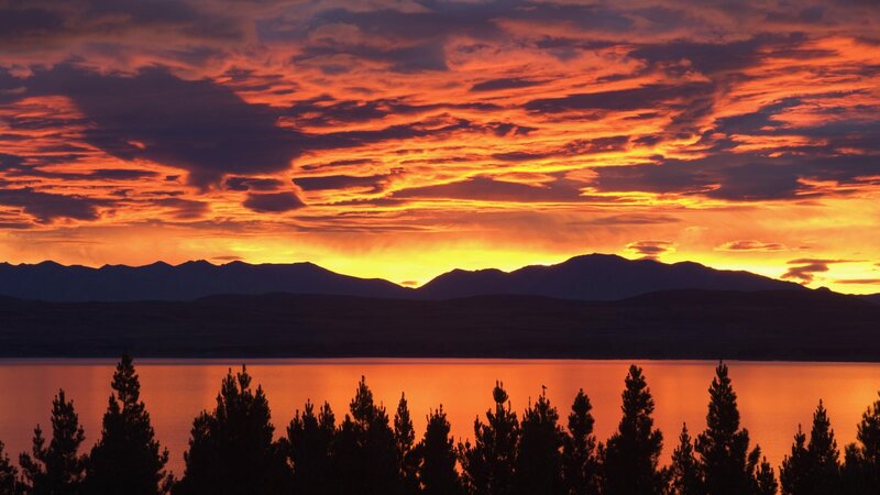 Mountain Range at Sunset — Orange, Dramatic, Photograph, Sky, Lake